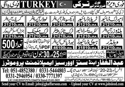 Truck Driver, Trala Driver, Loader Operator, Grade Operator, Welder, Driver, Jobs in Turkey